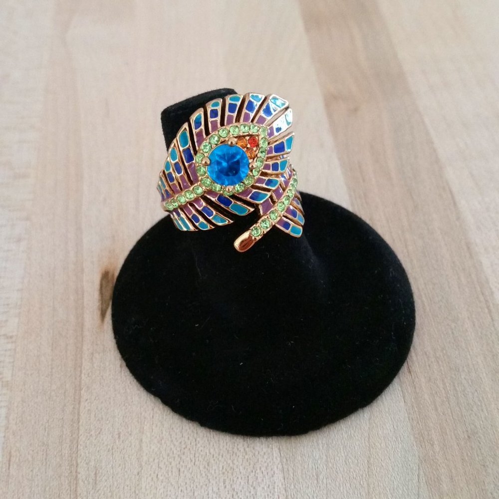Enamel and Colored Glass Stone Spiral Feather Cocktail Ring. Gift